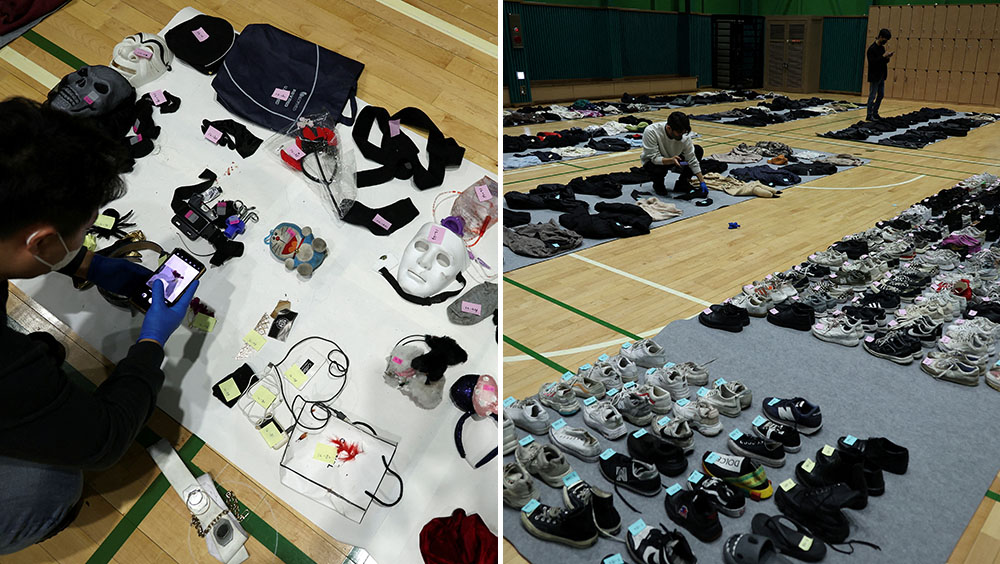 韓國梨泰院人踩人事故，當地警方收集1.5噸遺失物排滿體育館。路透