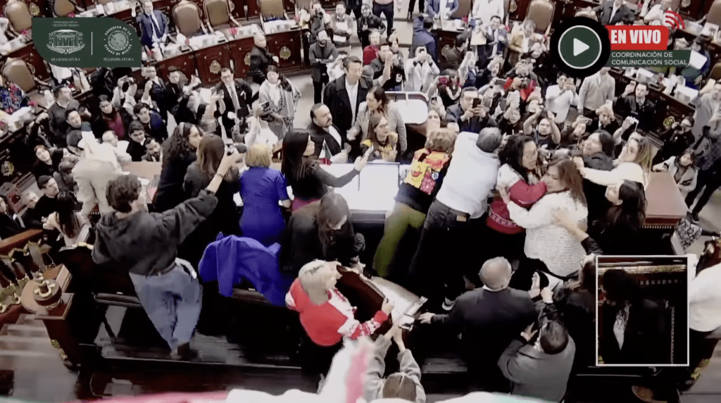 影片捕捉到女議員之間瘋狂揪扯頭髮、肘擊腹部及大聲尖叫的畫面。墨西哥國會直播/紐約郵報 影片捕捉到女議員之間瘋狂揪扯頭髮、肘擊腹部及大聲尖叫的畫面。墨西哥國會直播/紐約郵報
