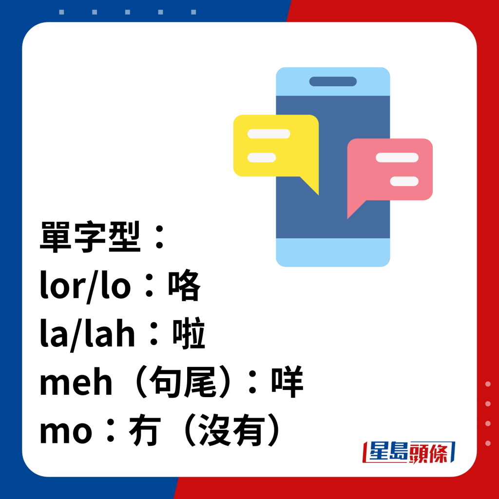 單字型： lor/lo：咯 la/lah：啦 meh（句尾）：咩 mo：冇（沒有）