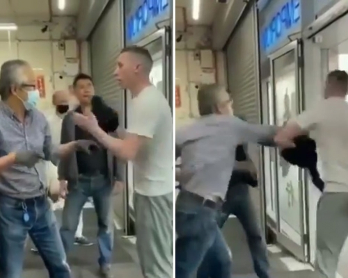 愛爾蘭男子拒戴口罩強闖超市被亞裔店主一拳KO。（影片截圖）
