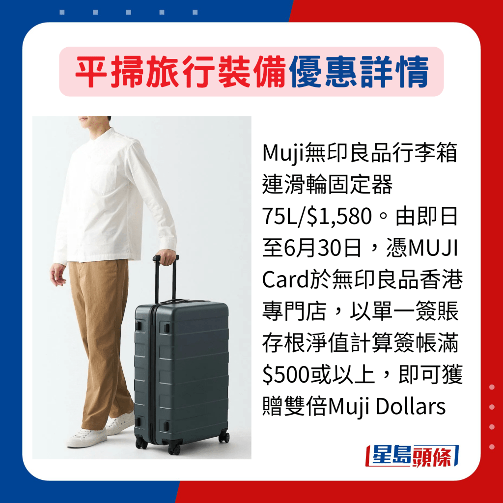 Muji無印良品行李箱連滑輪固定器75L/$1,580。由即日至6月30日，憑MUJI Card於無印良品香港專門店，以單一簽賬存根淨值計算簽帳滿$500或以上，即可獲贈雙倍Muji Dollars