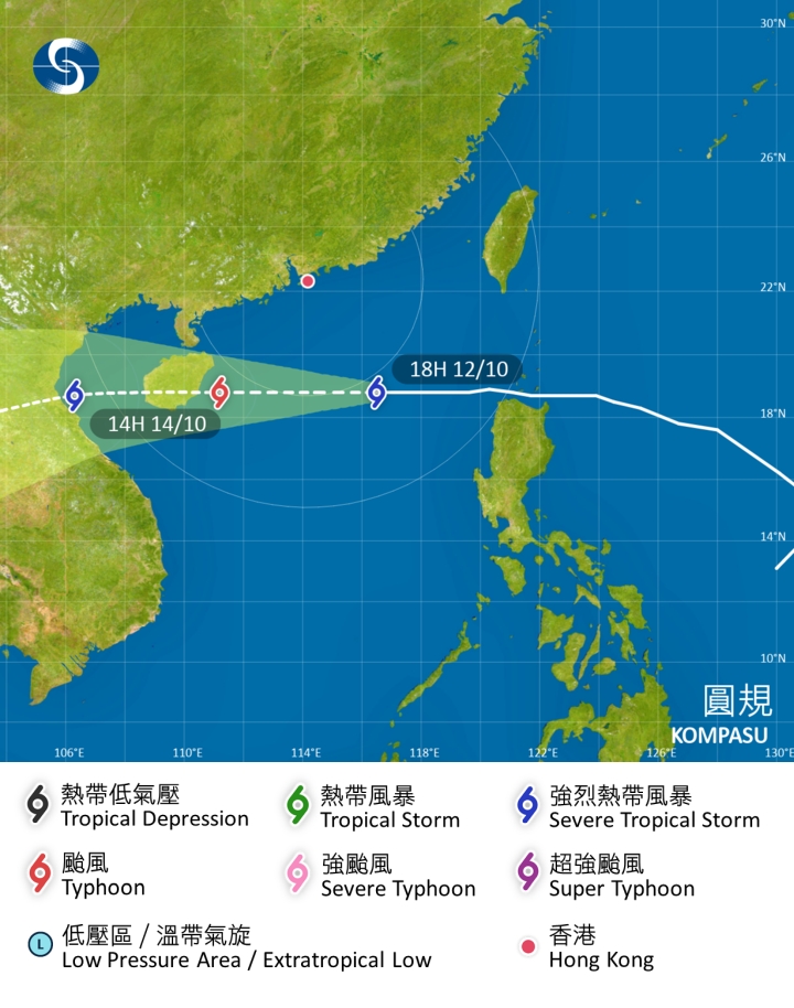 強烈熱帶風暴圓規會在明日凌晨最接近香港,在本港以南約400公里內掠過。天文台