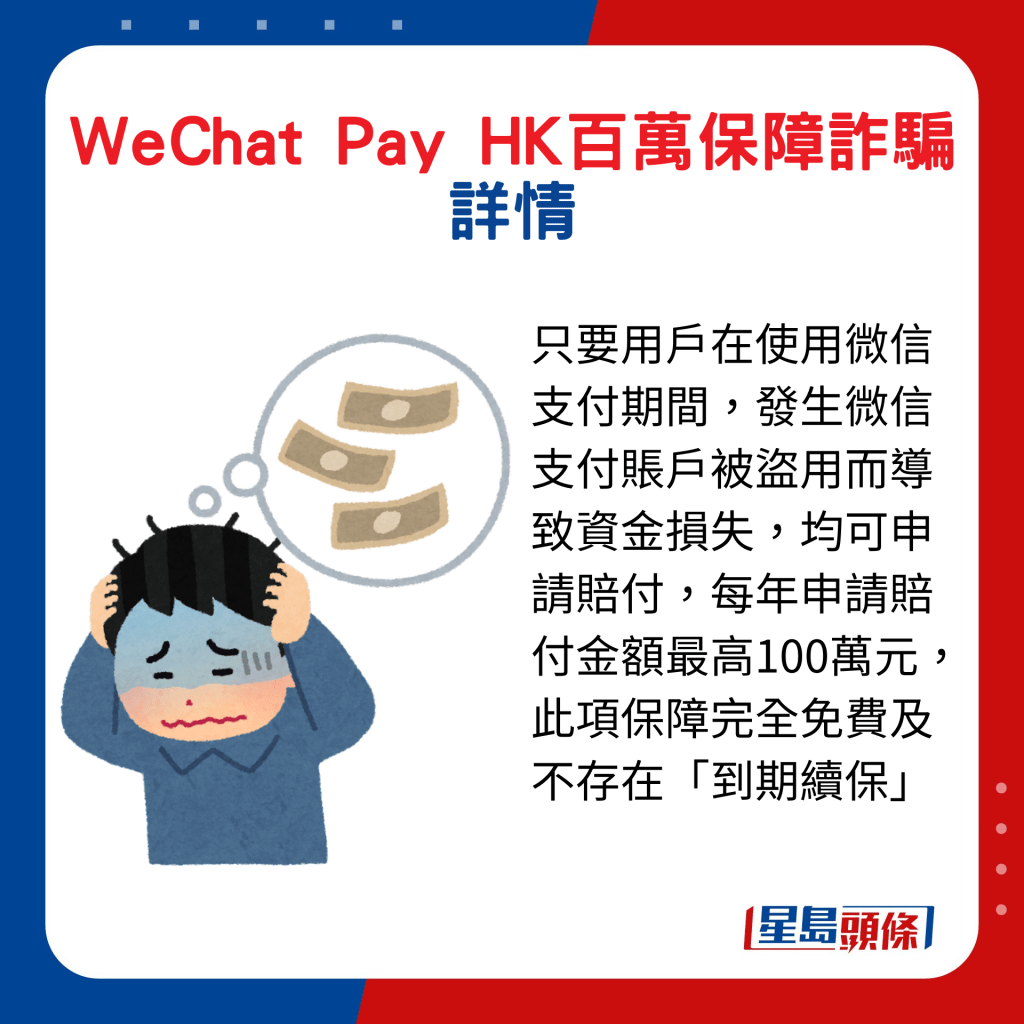 只要用戶在使用微信支付期間，發生微信支付賬戶被盜用而導致資金損失，均可申請賠付，每年申請賠付金額最高100萬元，此項保障完全免費及不存在「到期續保」