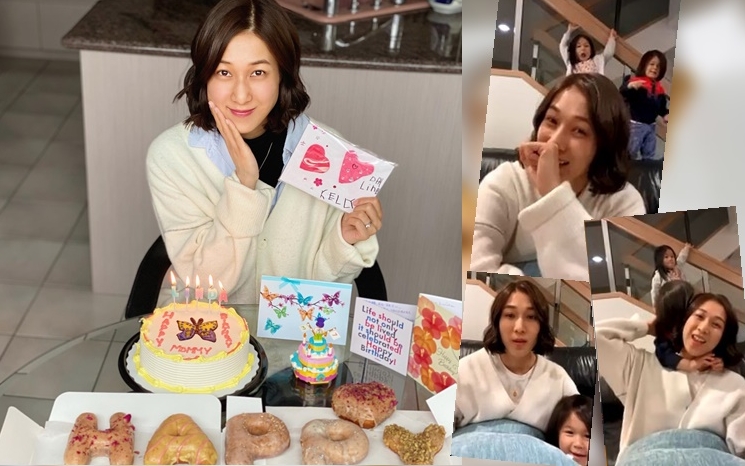 鍾嘉欣37歲生日與老公仔女一齊度過最開心;一對子女在她直播期間亂入送驚喜。