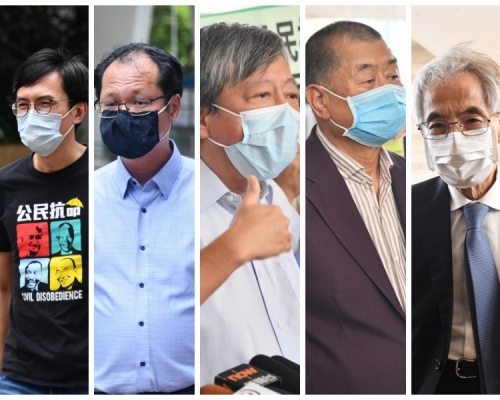 左起:吳文遠、蔡耀昌、李卓人，黎智英及李柱銘。