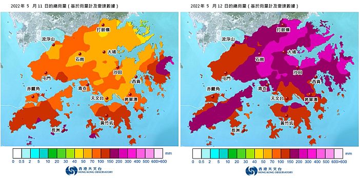 本港於5月11及12日的總雨量，顯示11日普遍地區錄得超過50毫米的雨量，而12日的總雨量普遍超過100毫米。
