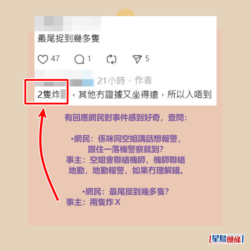 有回應網民對事件感到好奇，查問： •網民：係咪同空姐講話想報警， 跟住一落機警察就到？ 事主：空姐會聯絡機師，機師聯絡 地勤，地勤報警，如果冇理解錯。 •網民：最尾捉到幾多隻？ 事主：兩隻炸Ｘ，其他冇證據又坐 得遠，所以入唔到。Threads截圖  ​
