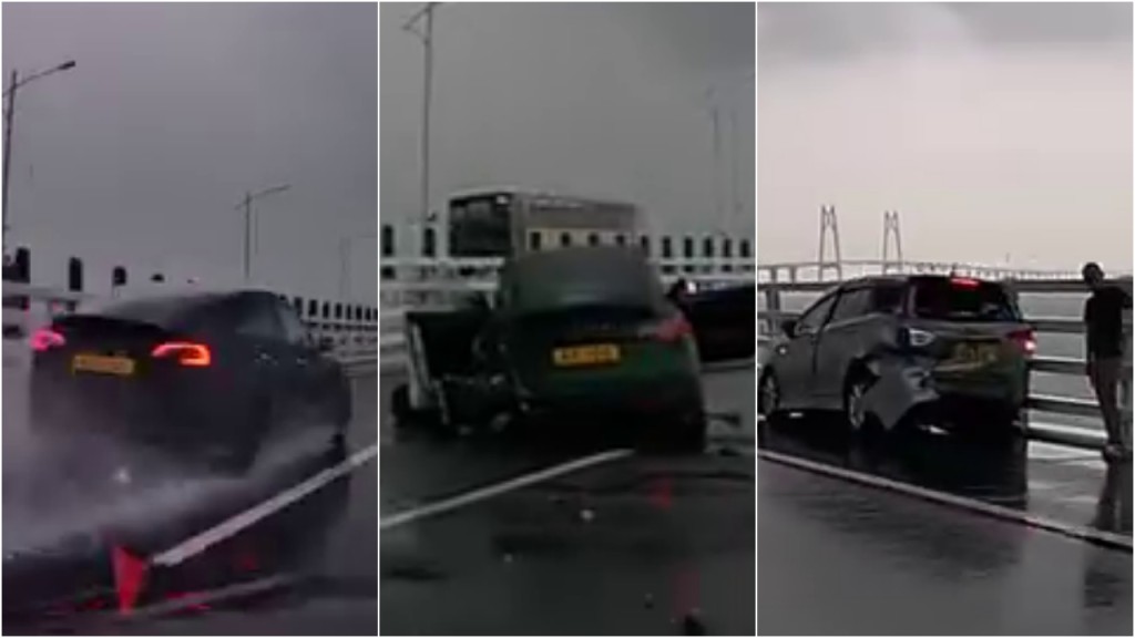 車Cam直擊｜港珠澳大橋Tesla雨中飛馳 撞七人車殘骸遍地 男女乘客路旁待救