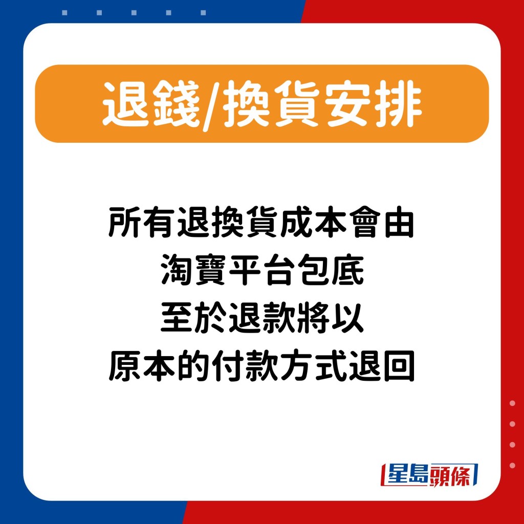 所有退換貨成本會由淘寶平台包底，至於退款將以原本的付款方式退回。