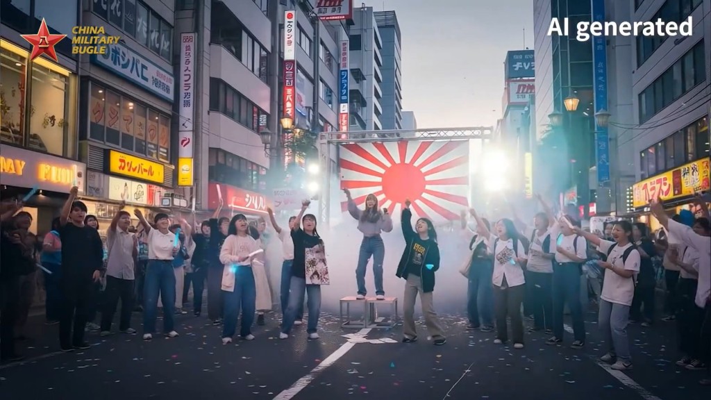 帖文更用人工智能（AI）生成一段MV，畫面出現多個日本軍國主義場面在文體領域出現。