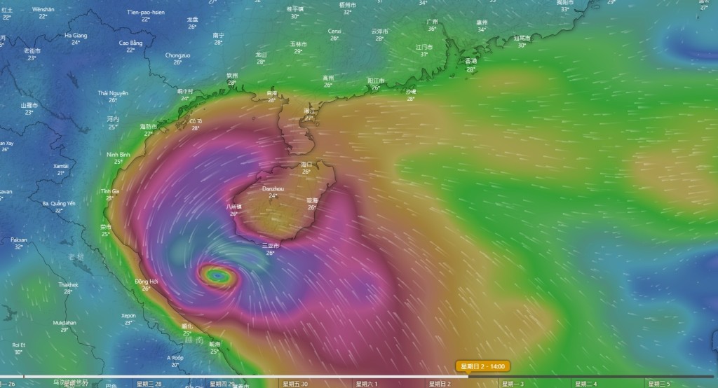 美國預報潛在的熱帶氣旋強度達到颱風，並趨向越南至海南島。Windy截圖