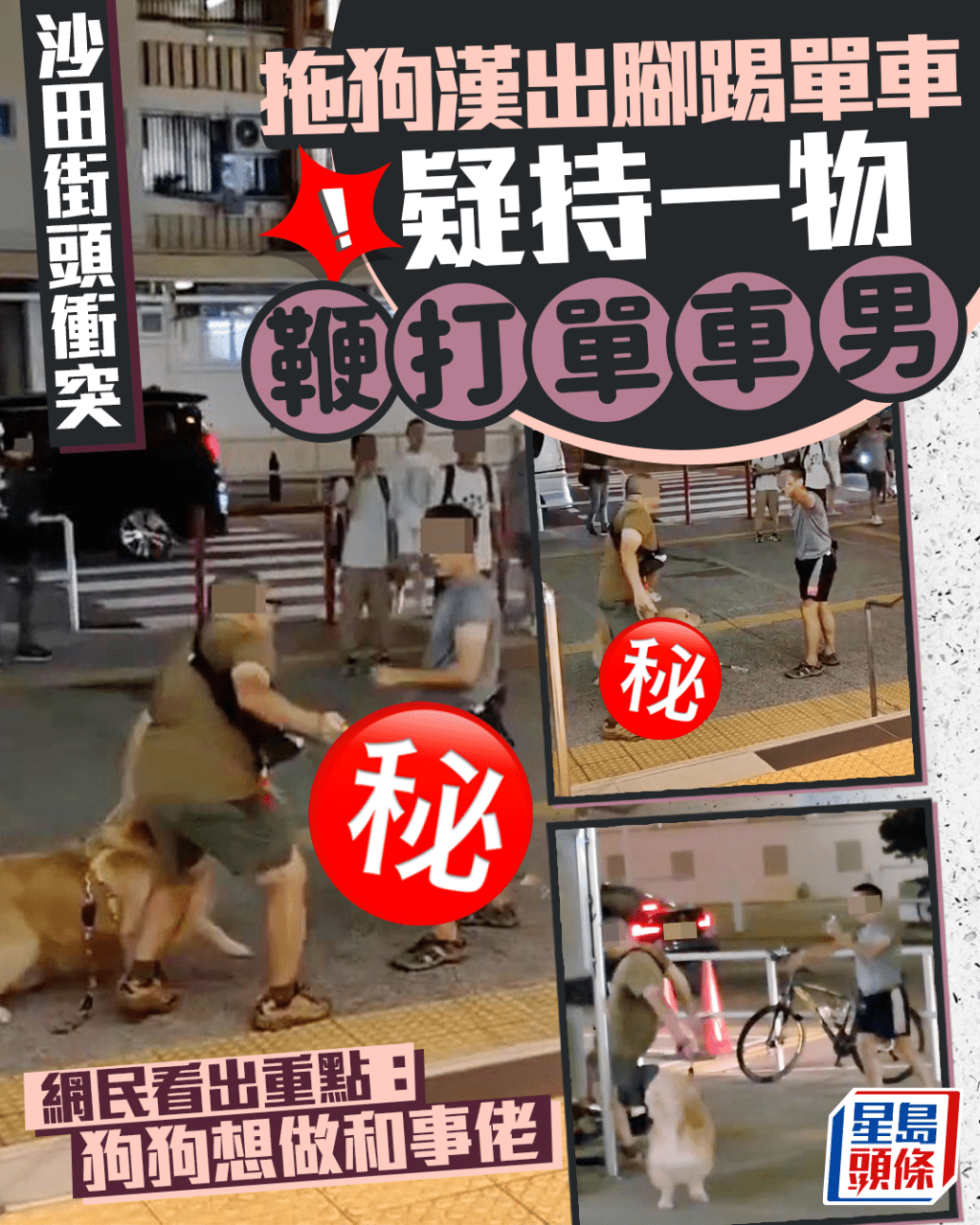 沙田街頭揮鞭暴力衝突 拖狗漢出腳踢單車 疑持一物追打單車男 網民:狗狗想做和事佬 沙田街頭揮鞭暴力衝突 拖狗漢出腳踢單車 疑持一物追打單車男 網民:狗狗想做和事佬