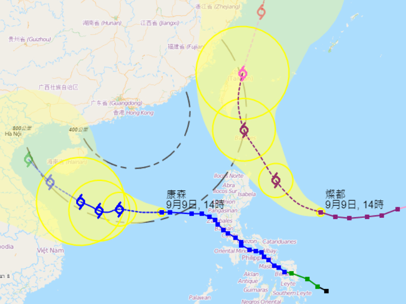 康森及燦都預測路徑。本港天文台圖片