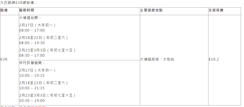九巴將於2月17日至3月3日（年初一至十五），配合香港許願節開辦路線63R 。九巴網頁截圖