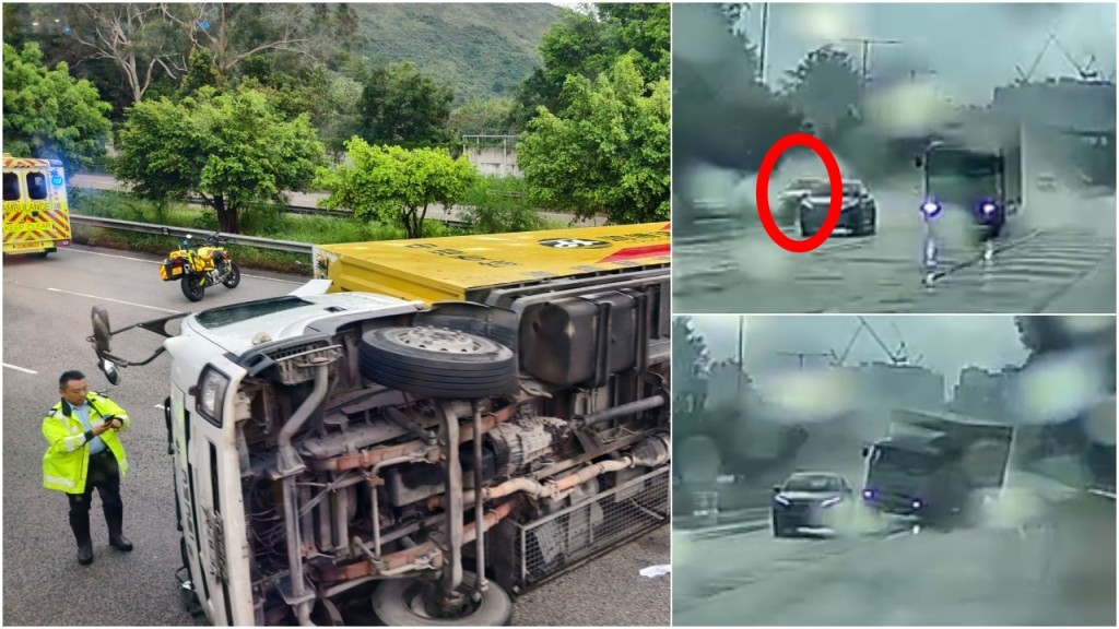 車Cam｜元朗私家車遇天雨水氹失控 貨車遭攔腰撞翻 司機一度被困
