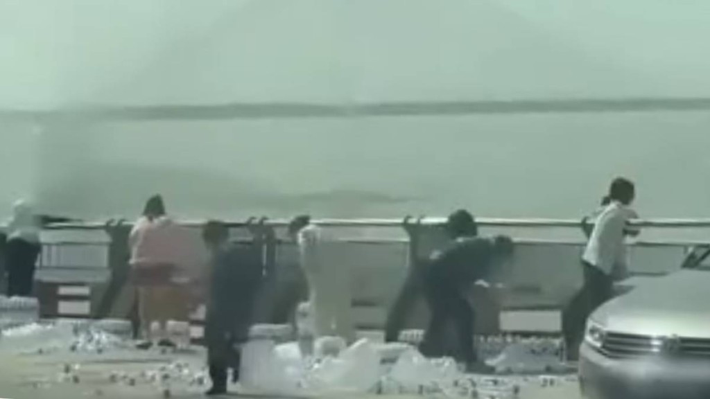 重慶碼頭多人「放生」礦泉水。新京報 重慶碼頭多人「放生」礦泉水。新京報