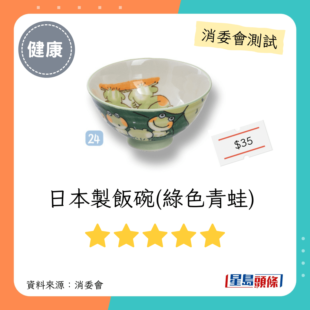 消委會陶瓷餐具測試 5星推介名單｜日本製飯碗 (綠色青蛙)。