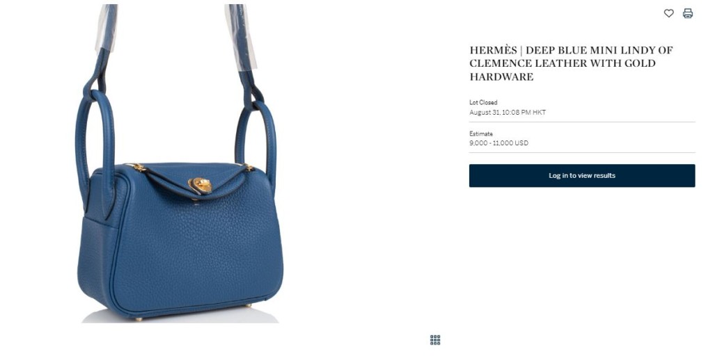 深蓝Hermès　Mini Lindy，约6万至8万多港元。