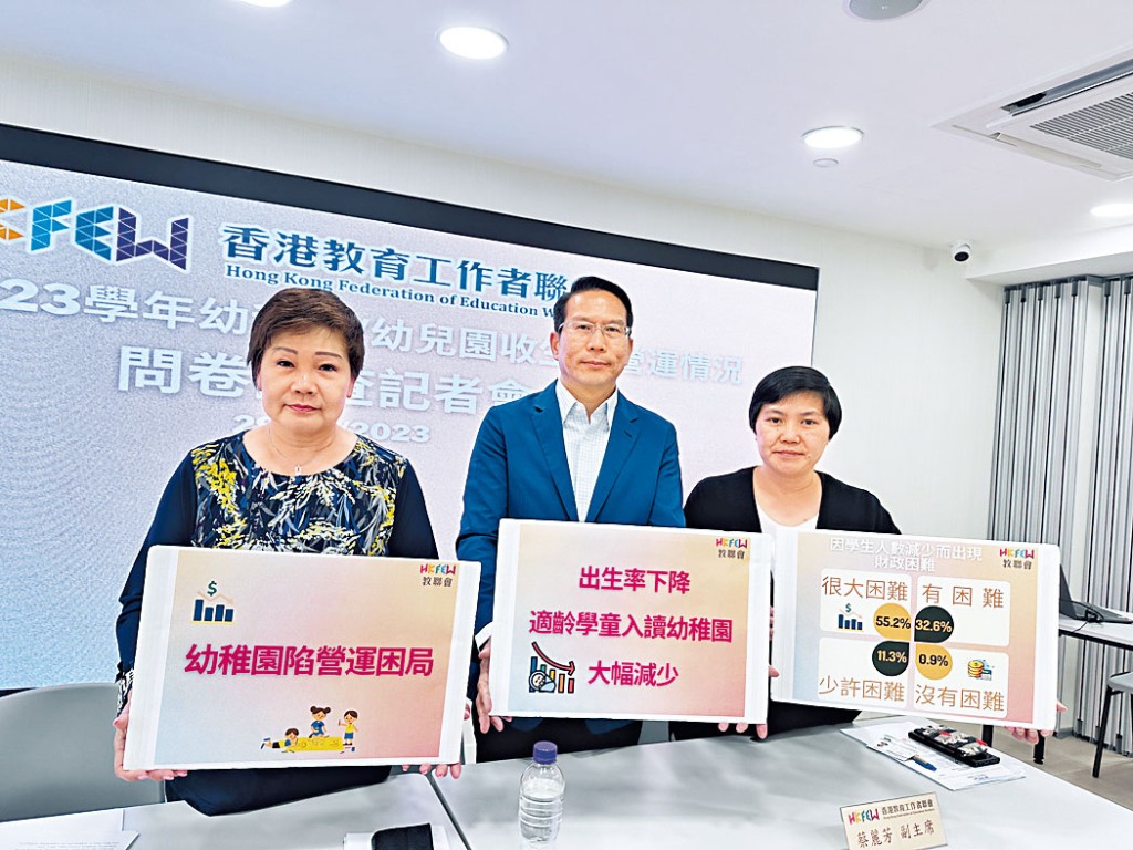 林翠玲（左）指，10多所幼稚園面臨倒閉危機，黃大仙及觀塘更有學校在新學年收生僅個位數。 旁為朱國強（中）及蔡麗芳。