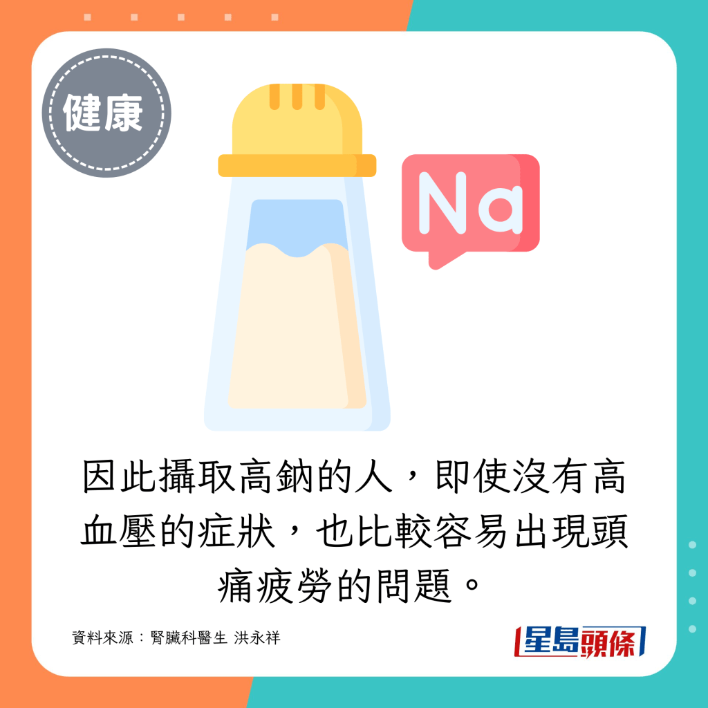 因此攝取高鈉的人，即使沒有高血壓的症狀，也比較容易出現頭痛疲勞的問題。