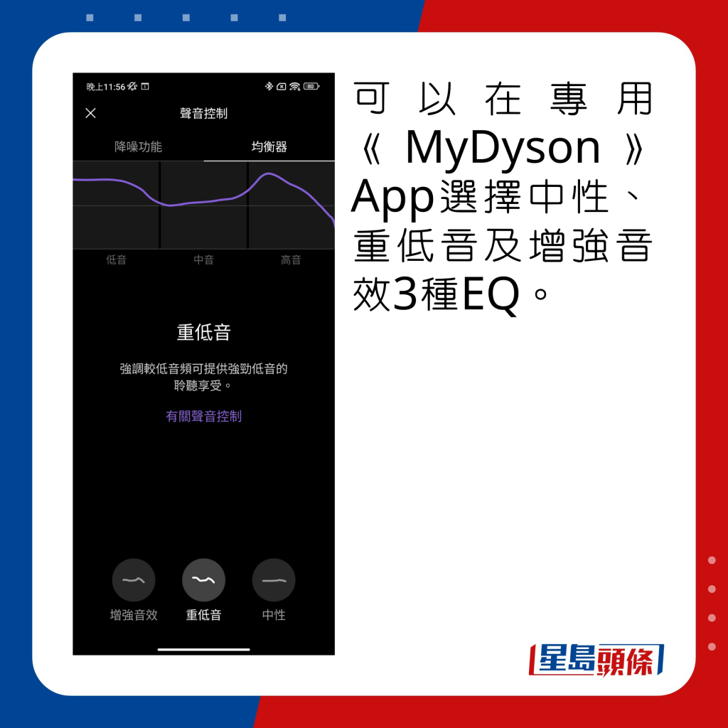 可以在《MyDyson》App選擇中性、重低音及增強音效3種EQ。