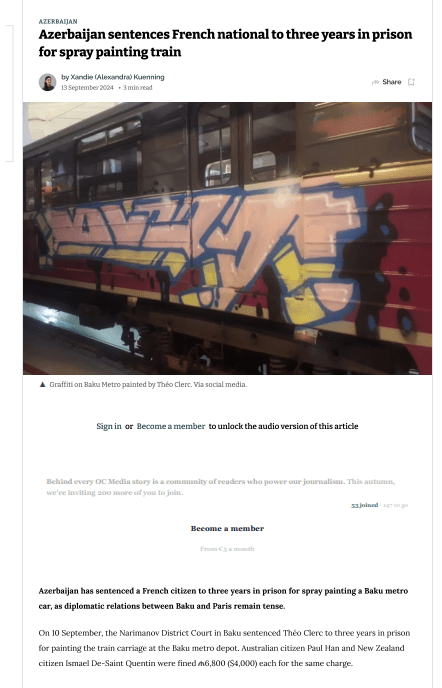 據報一名澳洲男子曾於阿塞拜疆犯下地鐵車廠塗鴉案被罰款，疑犯名稱與今日港鐵車廠案件當中一人相同。OC Media報道截圖