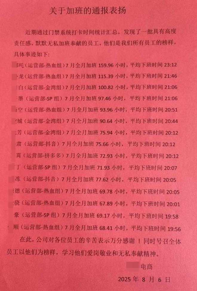 有公司老闆出員工表揚通報,有人一個月加班160小時獲表揚。網圖 有公司老闆出員工表揚通報,有人一個月加班160小時獲表揚。網圖