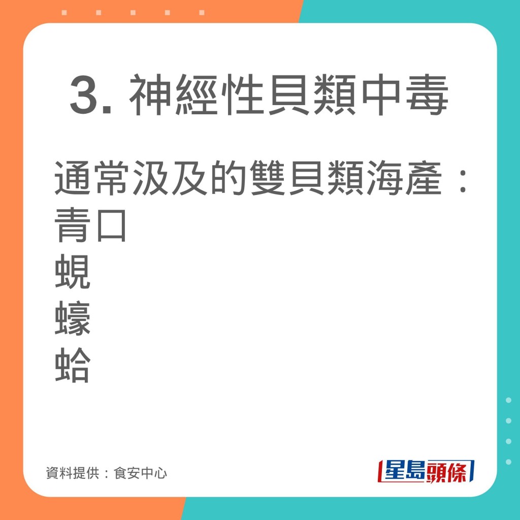 食安中心分享不同毒素通常汲及的雙貝類海產及中毒症狀。