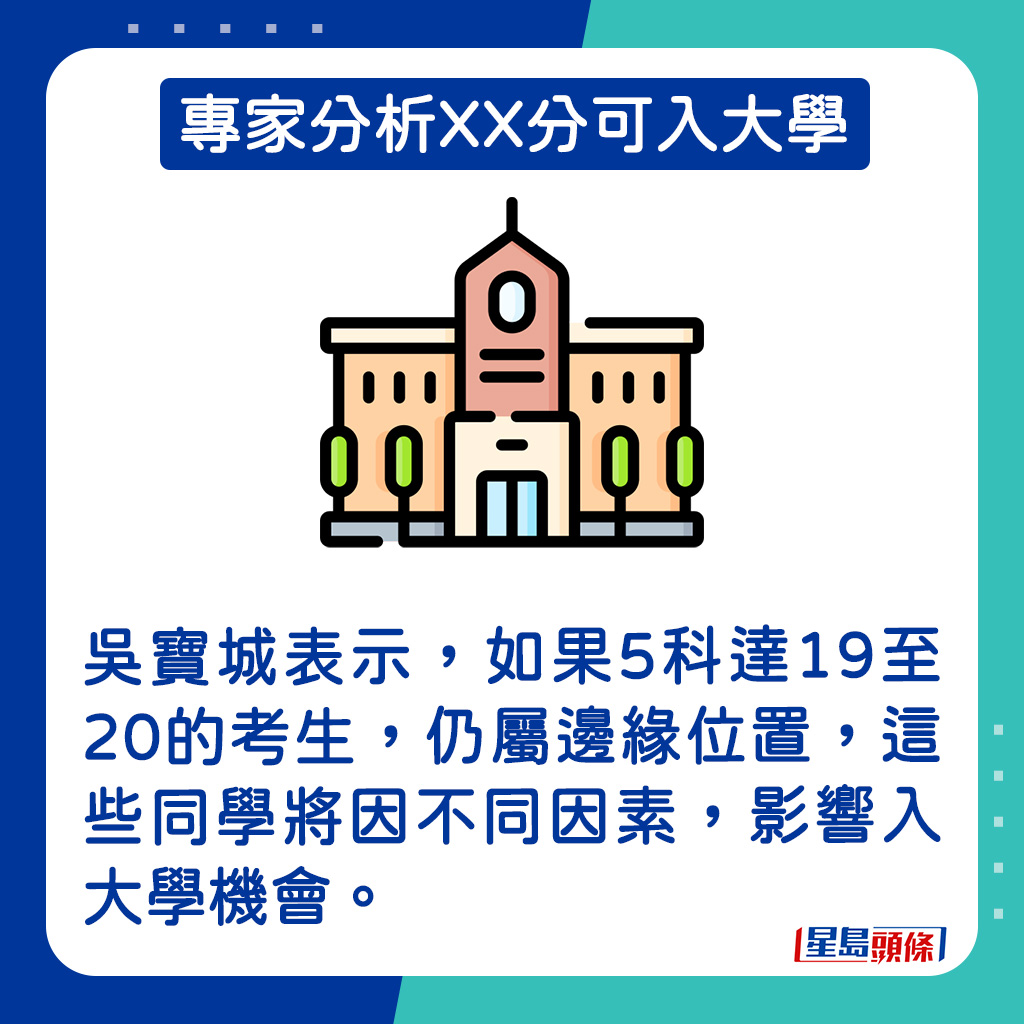 吴宝城表示，如果5科达19至20的考生，仍属边缘位置，这些同学将因不同因素，影响入大学机会。