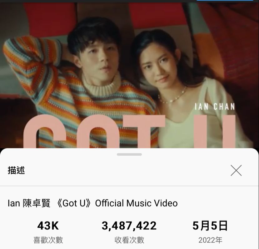 Ian新歌《Got U》的MV在YouTube已有逾340萬的點擊。