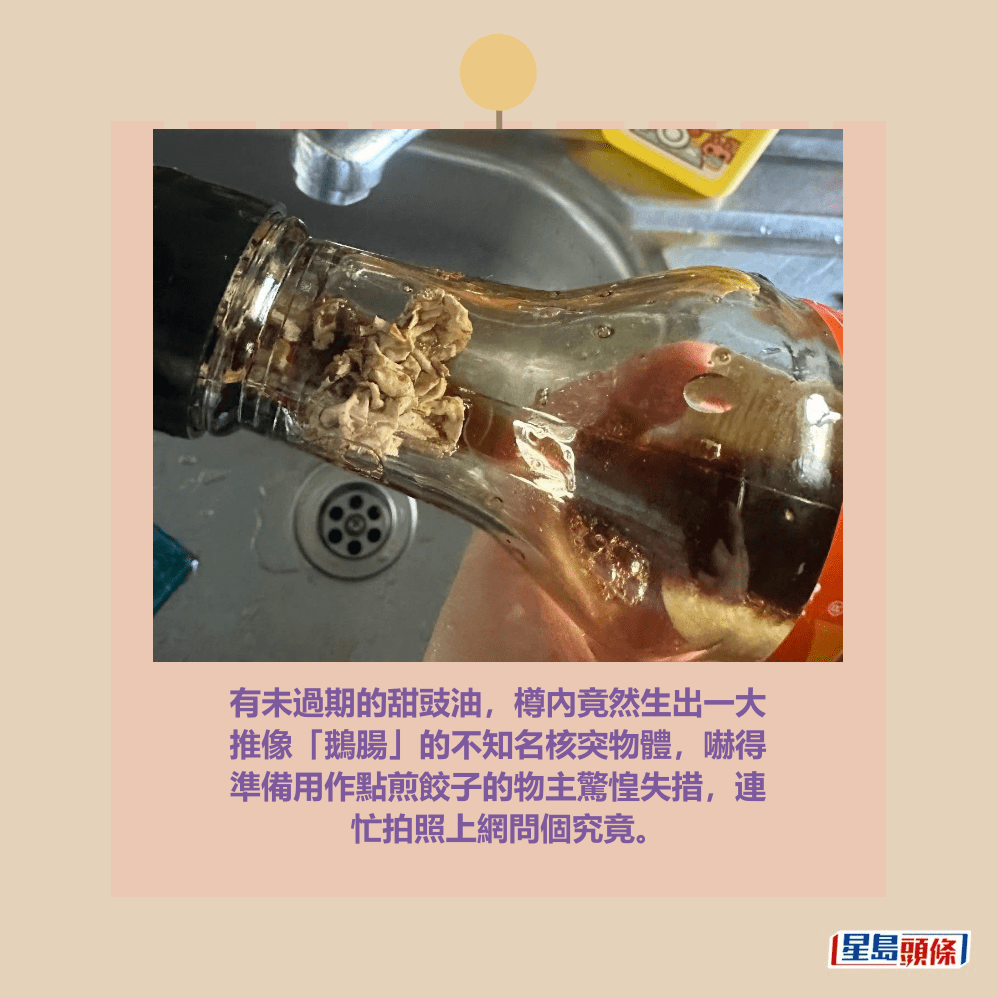 有未過期的甜豉油,樽內竟然生出一大 推像「鵝腸」的不知名核突物體,嚇得 準備用作點煎餃子的物主驚惶失措,連 忙拍照上網問個究竟。Threads截圖 有未過期的甜豉油,樽內竟然生出一大 推像「鵝腸」的不知名核突物體,嚇得 準備用作點煎餃子的物主驚惶失措,連 忙拍照上網問個究竟。Threads截圖