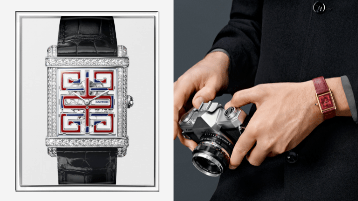 左/ Cartier Privé系列Tank Chinoise腕表，鉑金表殼及表扣，鑲嵌161顆圓形明亮式切割鑽石（1.70卡），表冠鑲嵌一顆圓形明亮式切割鑽石（0.06卡），搭載卡地亞9627 MC型工作坊精製手動上鏈機械機芯，配亮面藍色和半啞光紅色鱷魚皮表帶，限量20枚。右/ Tank Louis Cartier腕表（大型款），18K黃金材質，表冠鑲嵌一顆凸圓形藍寶石，搭載卡地亞1917 MC型工作坊精製手動上鏈機械機芯，配紅色鱷魚皮表帶。