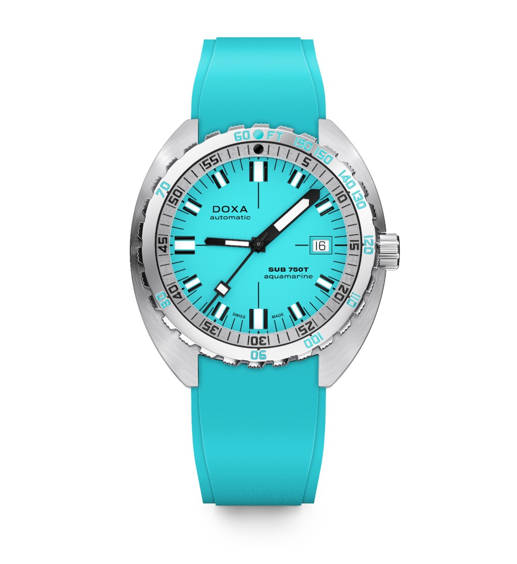 Doxa Sub 750T，錶殼：45×47mm不鏽鋼/ 機芯：Sellita SW300自動/ 售價： 2,450瑞郎（膠帶）。