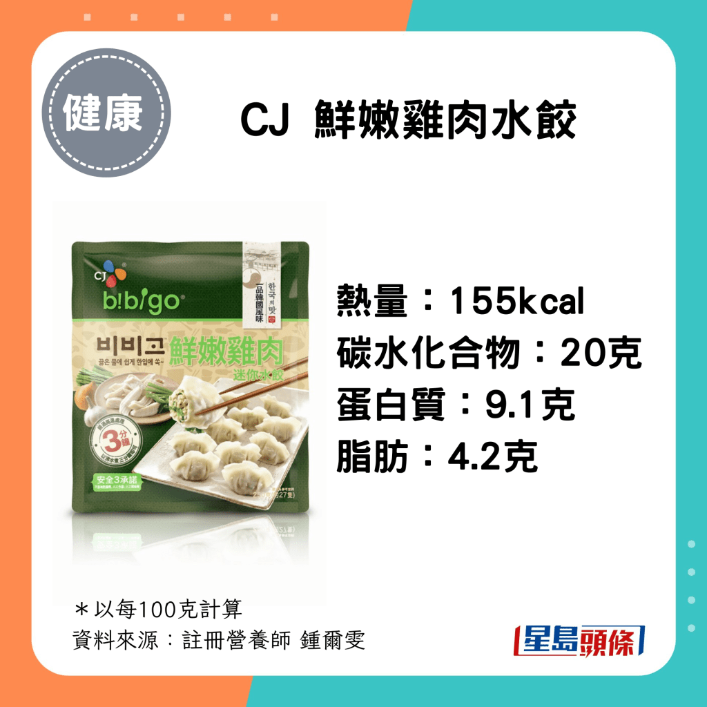 CJ鲜嫩鸡肉水饺 热量：155kcal