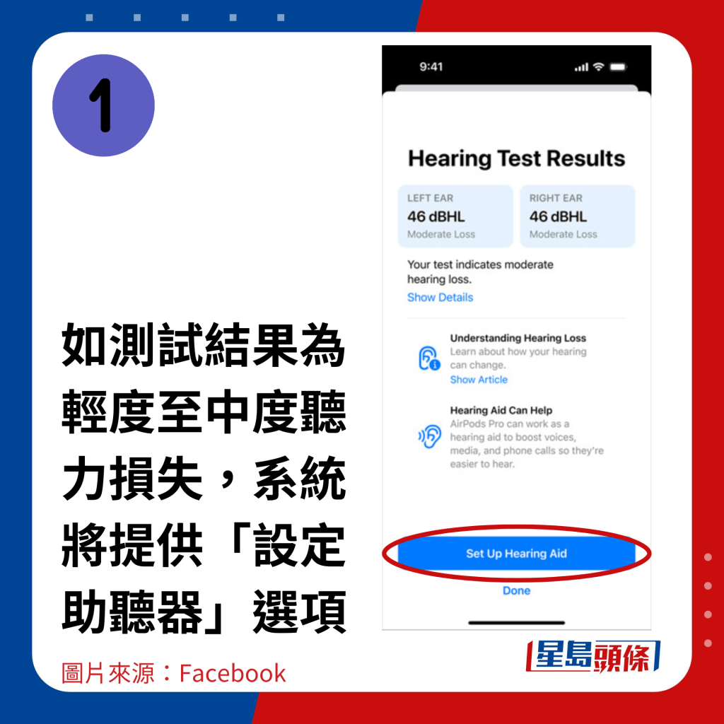 如測試結果為輕度至中度聽力損失，系統將提供「設定助聽器」選項