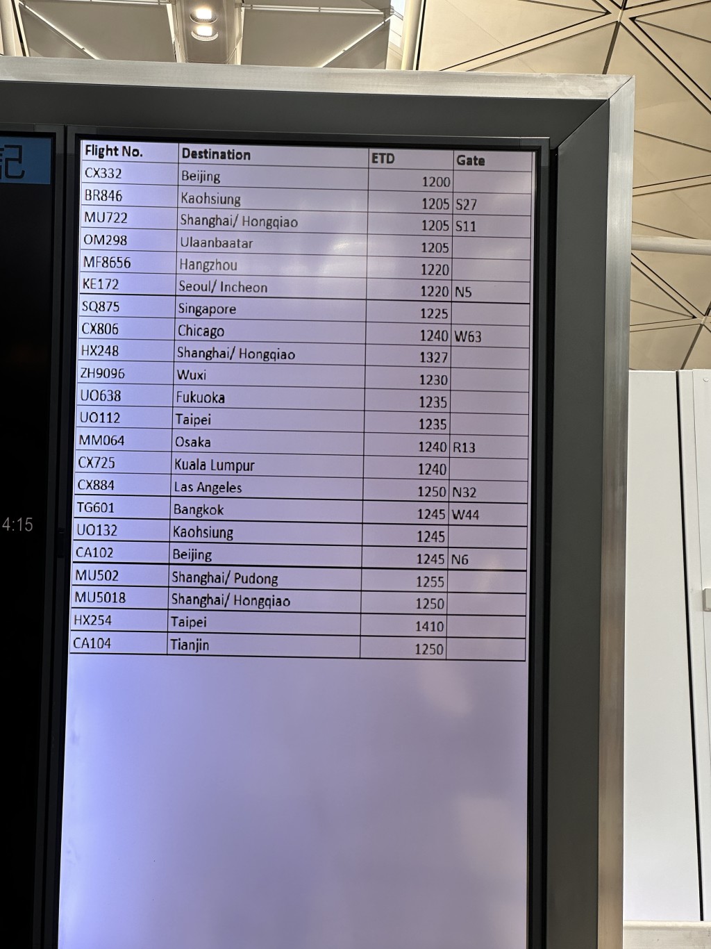 機場客運大樓的航班顯示系統於周日出現故障，需要改用白板手寫航班資訊。資料圖片