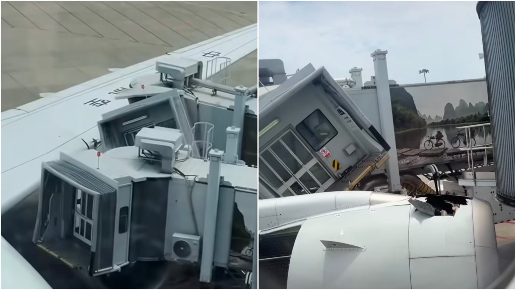 東航客機於虹橋機場落地後撞廊橋。