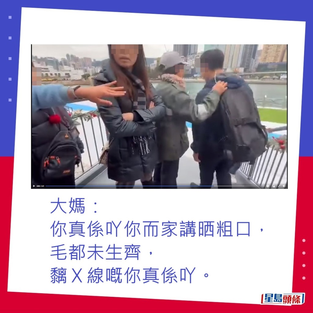 大妈：你真系吖你而家讲晒粗口，毛都未生齐，黐Ｘ线嘅你真系吖。fb「香港交通及突发事故报料区」截图