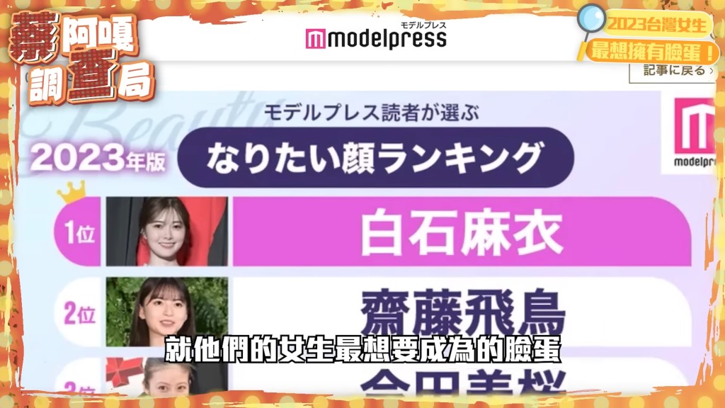 「2023年日本女生最想擁有臉蛋」冠軍是日本女星白石麻衣。