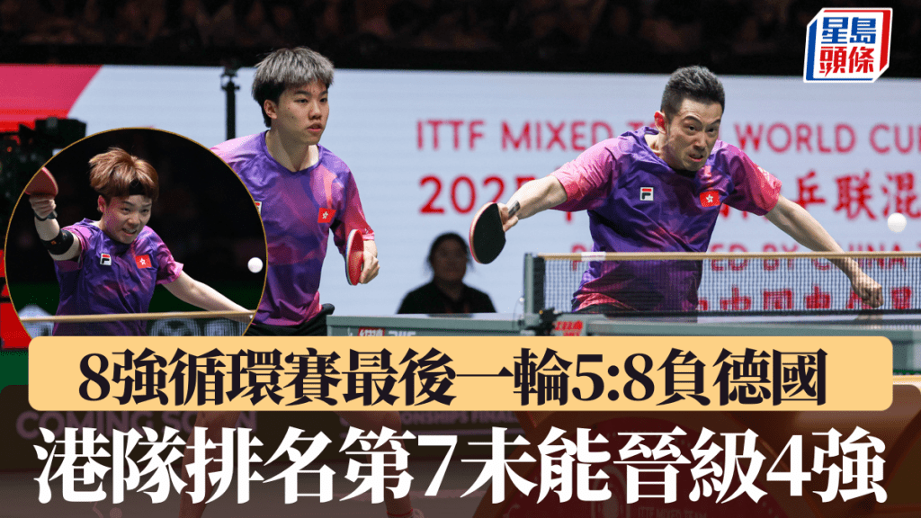 港队8强循环赛最后一轮5:8负德国， 排名第7未能晋级4强。ITTF官方图片