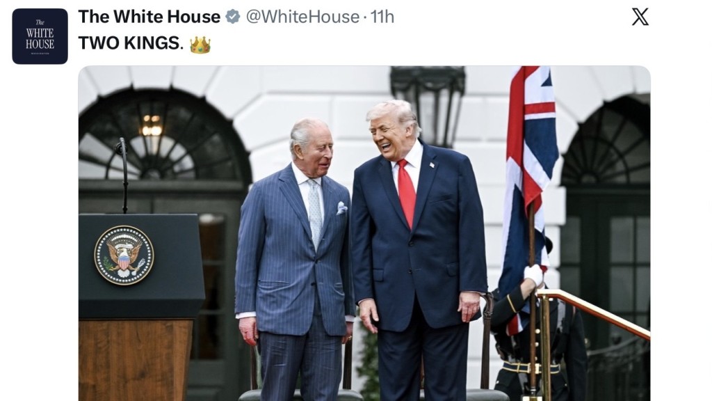 英王查理斯三世訪美獲特朗普接待 白宮發合照稱「兩位國王」