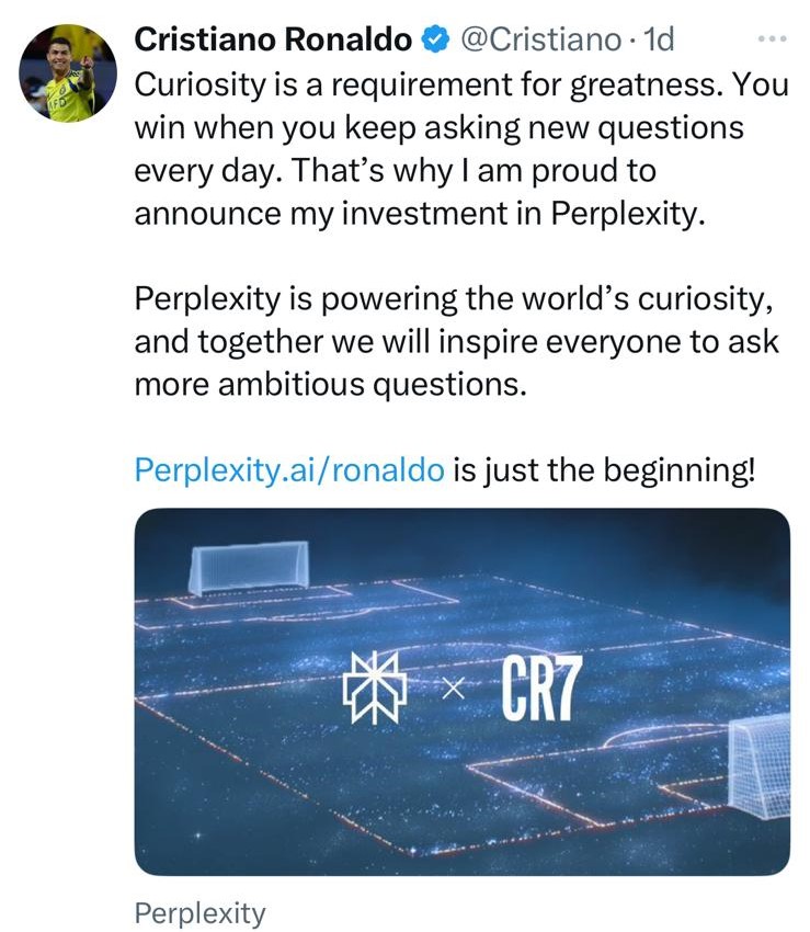 C朗拿度在社交媒體上分享投資Perplexity AI原因。 C朗拿度在社交媒體上分享投資Perplexity AI原因。