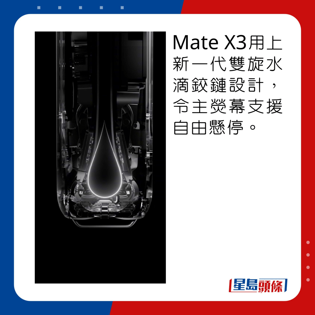Mate X3用上新一代雙旋水滴鉸鏈設計，令主熒幕支援自由懸停。