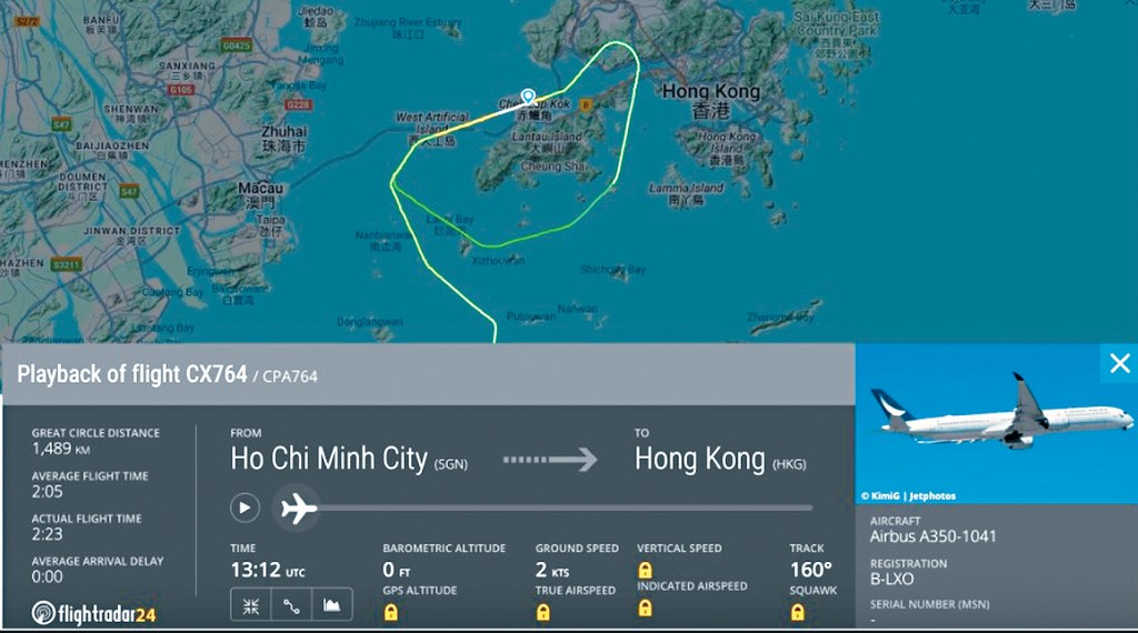 国泰Cx764航班首次降落期间复飞，第二次终安全降落。