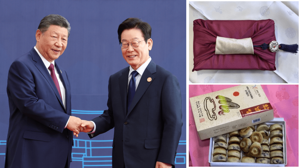 李在明請習近平吃慶州特產「皇南餅」。 美聯社 / 南韓總統府