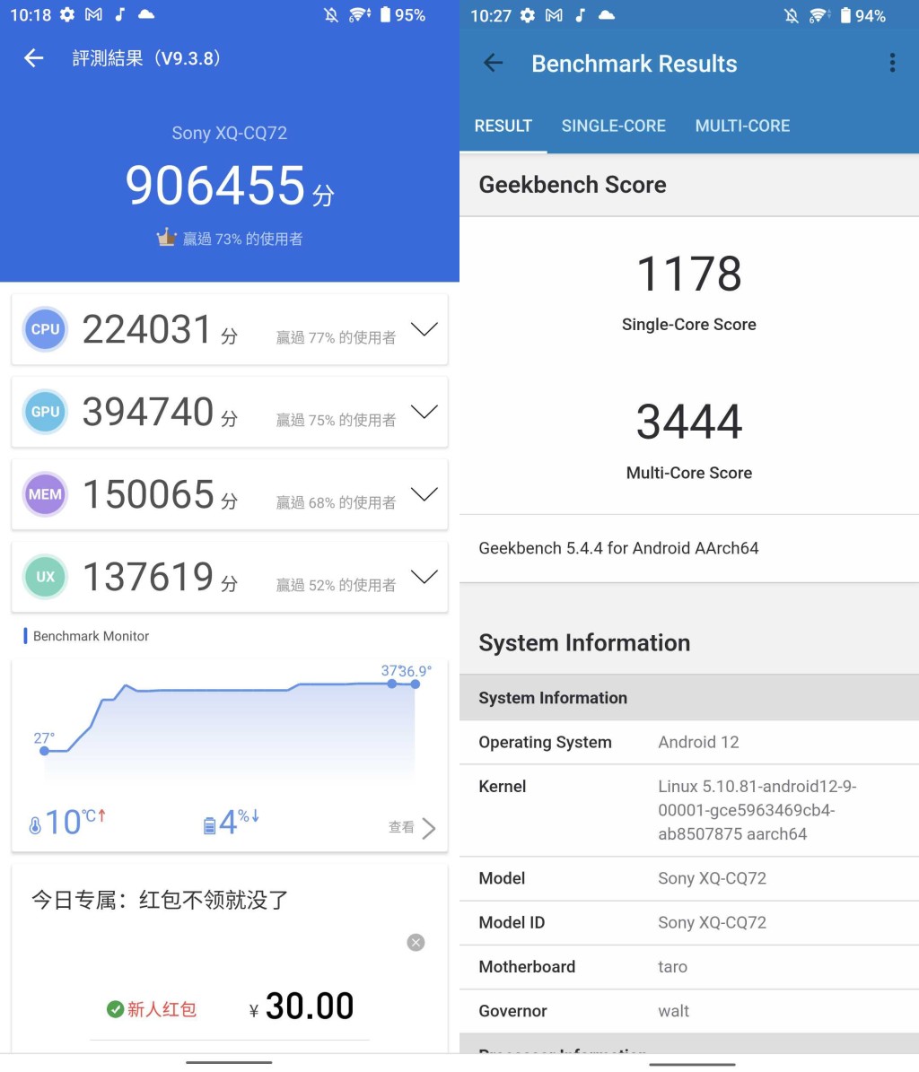 《安兔兔》跑分達906,455,《Geekbench 5》單核及多核成績為1,178及3,444。
