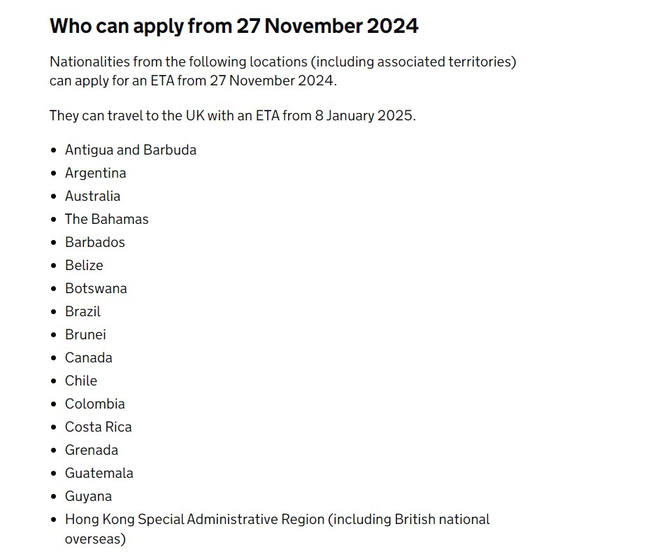 約50個國家或地區人士可於今年11月27日起開始申請ETA。