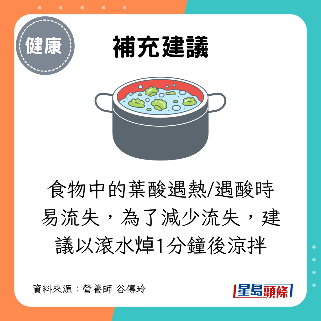 食物中的叶酸遇热/遇酸时易流失，为了减少流失，建议以滚水焯1分钟后凉拌