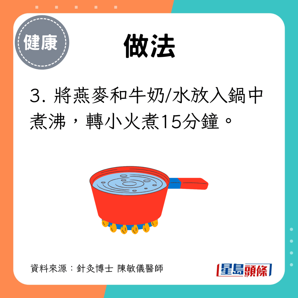 3. 將燕麥和牛奶/水放入鍋中煮沸，轉小火煮15分鐘。