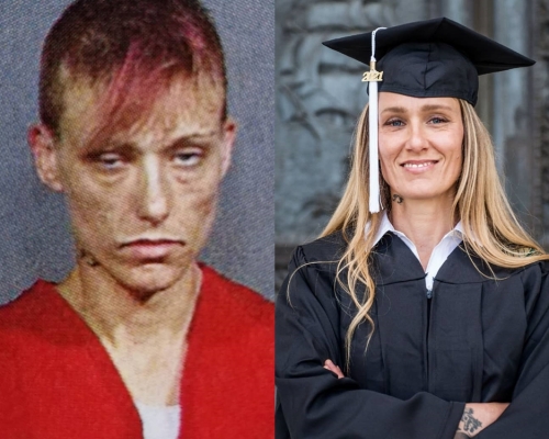 48歲母戒毒成功戴四方帽，晒對比照勉勵人們。V Ginny Burton FB圖片